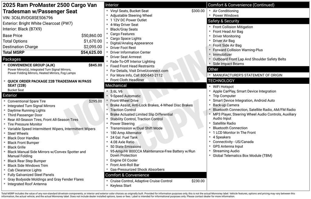 2025 RAM ProMaster 2500 Cargo Van Tradesman High Roof 159" WB w/Pass Seat